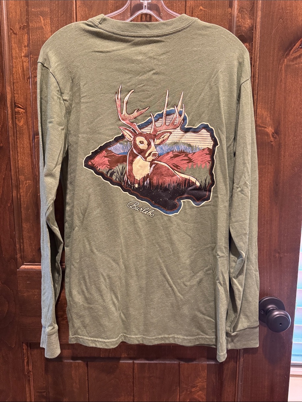 BURLEBO Olive Green Long Sleeve Pocket Tee with Embroidered Antlers - Picture 2 of 5